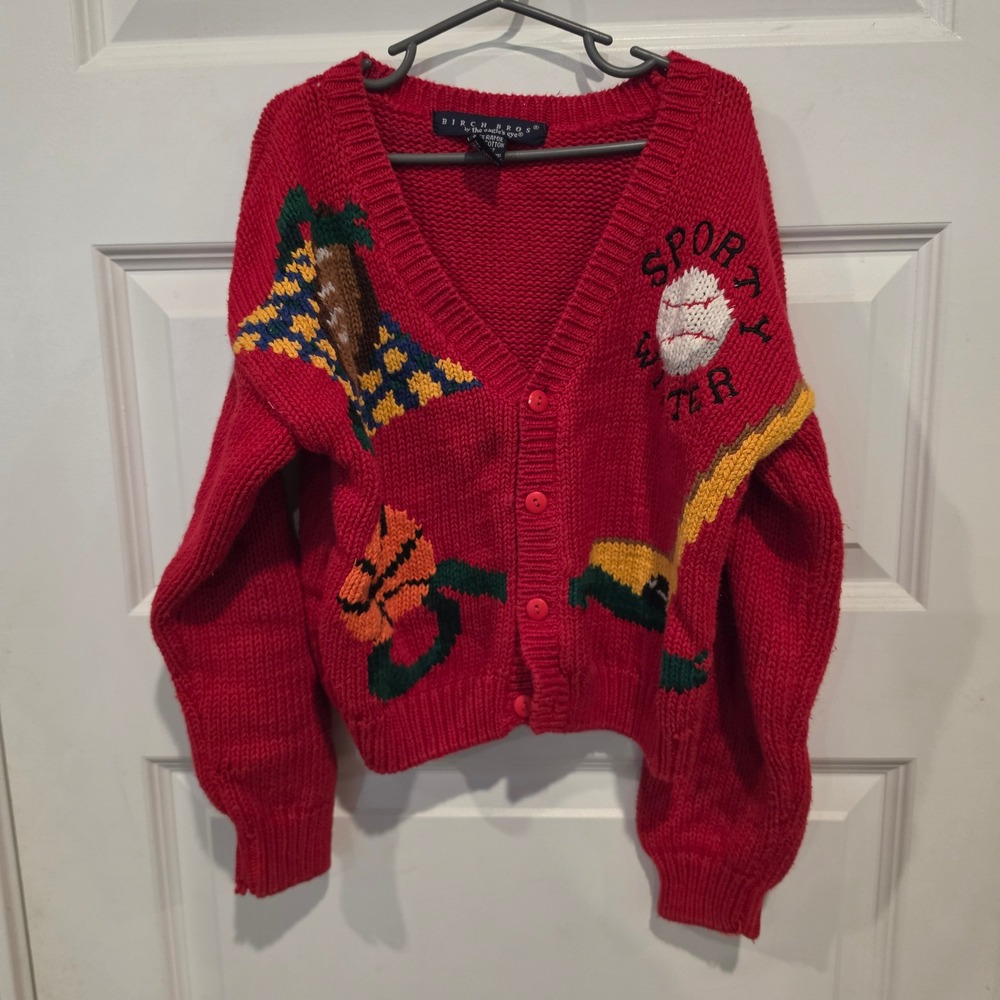 Birch Bros Sports Cardigan Kids S 8-10 Red Ramie Cotton Vintage Preppy Sweater